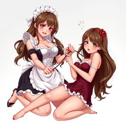 A sexy, cute, and flustered maid girl with a voluptuous figure and large breasts