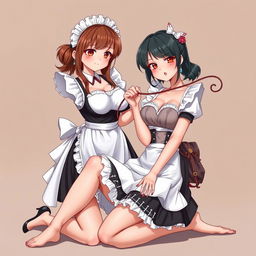 A sexy, cute, and flustered maid girl with a voluptuous figure and large breasts