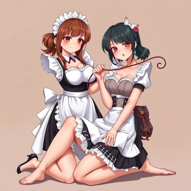 A sexy, cute, and flustered maid girl with a voluptuous figure and large breasts