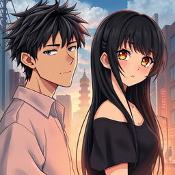 Create an anime highschool romance book cover featuring a boy with messy hair and a solemn look, and a girl with long black hair and orange eyes