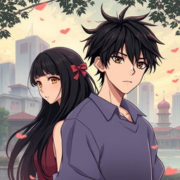 Create an anime highschool romance book cover featuring a boy with messy hair and a solemn look, and a girl with long black hair and orange eyes