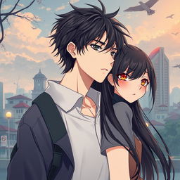 Create an anime highschool romance book cover featuring a boy with messy hair and a solemn look, and a girl with long black hair and orange eyes