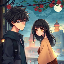 Create an anime highschool romance book cover featuring a boy with messy hair and a solemn look, and a girl with long black hair and orange eyes