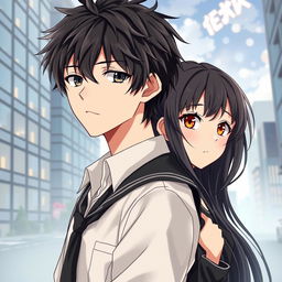 Create an anime highschool romance book cover featuring a boy with messy hair, a solemn look, and wearing a modest highschool uniform