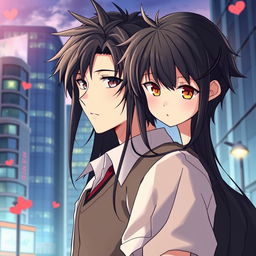 Create an anime highschool romance book cover featuring a boy with messy hair, a solemn look, and wearing a modest highschool uniform