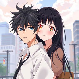 Create an anime highschool romance book cover featuring a boy with messy hair, a solemn look, and wearing a modest highschool uniform