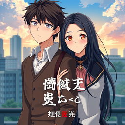 Create an anime highschool romance book cover featuring a boy with messy hair, a solemn look, and wearing a modest highschool uniform