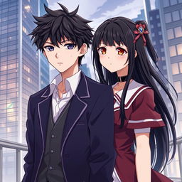 Create an anime highschool romance book cover featuring a boy with messy hair, a solemn look, and wearing a modest highschool uniform