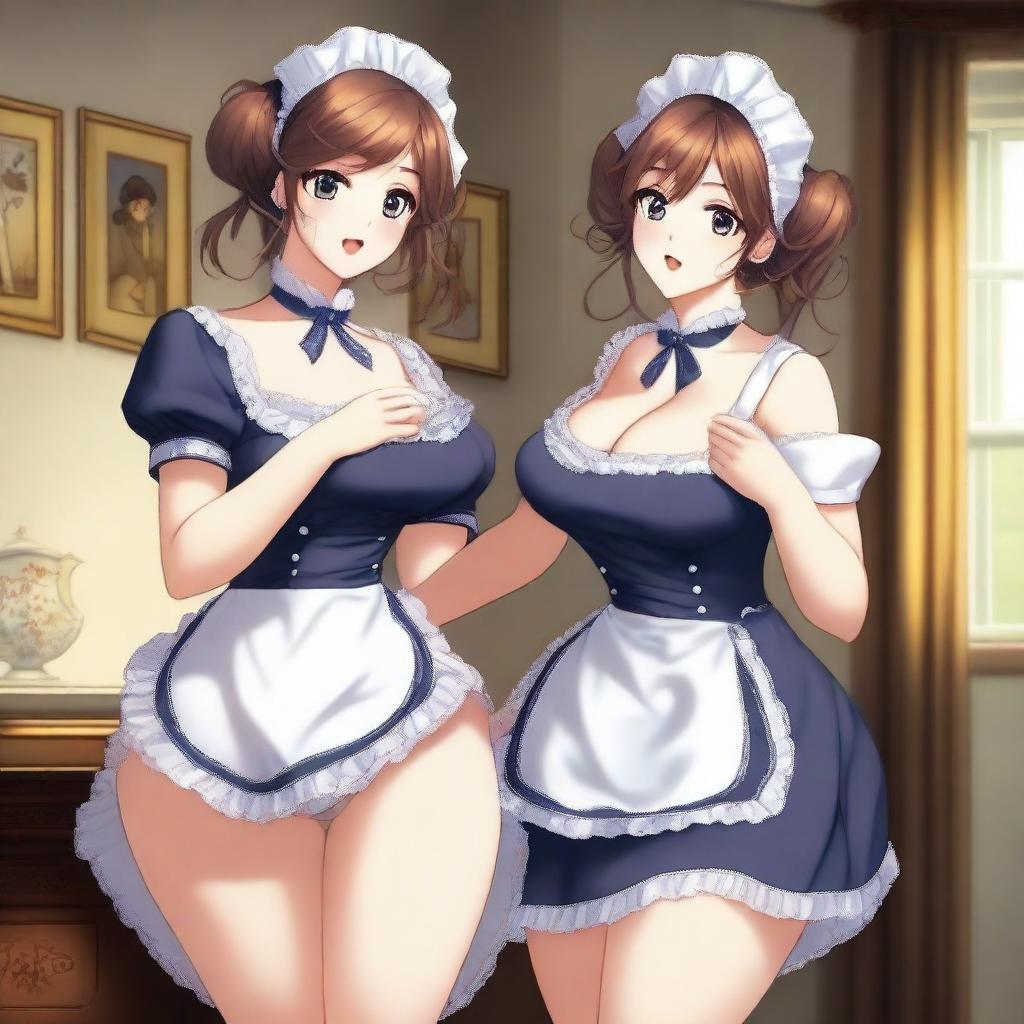 A sexy, cute, and flustered maid girl with a voluptuous figure and large breasts