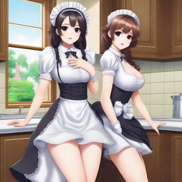 A sexy, cute, and flustered maid girl with a voluptuous figure and large breasts