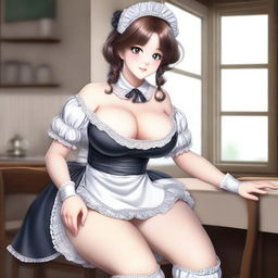 A sexy, cute, and flustered maid girl with a voluptuous figure and large breasts