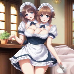 A sexy, cute, and flustered maid girl with a voluptuous figure and large breasts