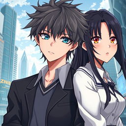 Create an anime highschool romance book cover featuring a boy with messy hair, a solemn look, and wearing a modest highschool uniform