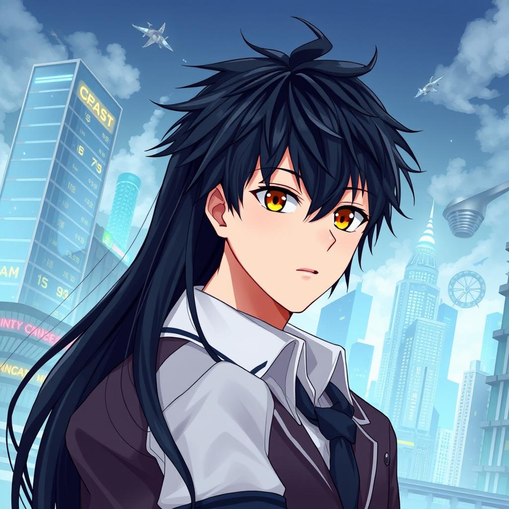 Create an anime highschool romance book cover featuring a boy with messy hair, a solemn look, and wearing a modest highschool uniform