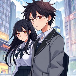 Create an anime highschool romance book cover featuring a boy with messy hair, a solemn look, and wearing a modest highschool uniform