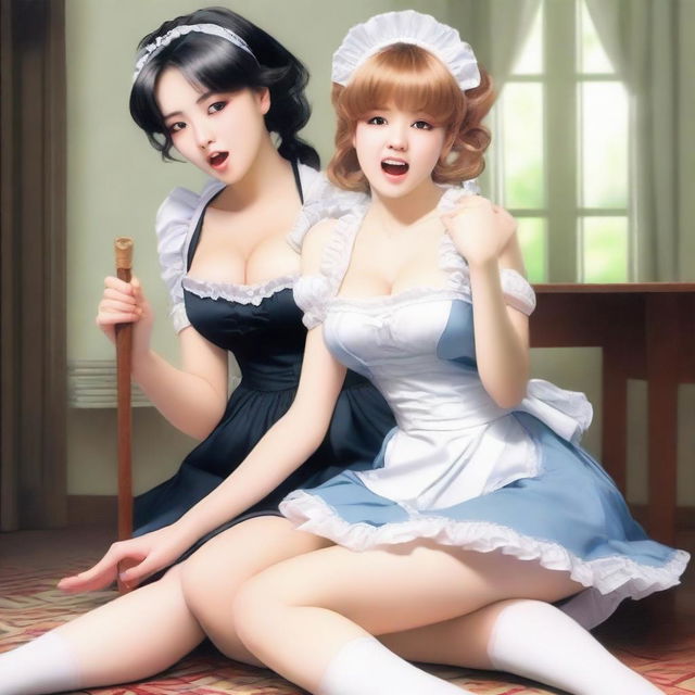 A sexy, cute, and flustered maid girl with a voluptuous figure and large breasts is depicted beating a sexy girl on her knee with a stick