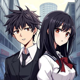 Create an anime highschool romance book cover featuring a boy with messy hair, a solemn look, and wearing a modest highschool uniform