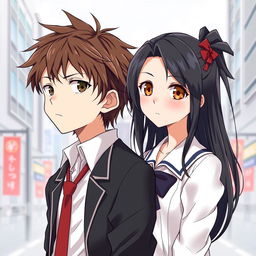 Create an anime highschool romance book cover featuring a boy with messy hair, a solemn look, and wearing a modest highschool uniform