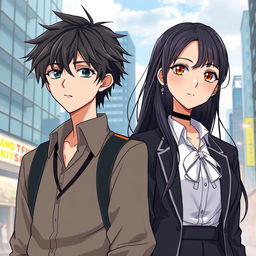 Create an anime highschool romance book cover featuring a boy with messy hair, a solemn look, and wearing a modest highschool uniform