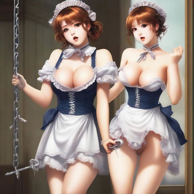 A sexy, cute, and flustered maid girl with a voluptuous figure and large breasts is depicted beating a sexy girl in chains with a stick