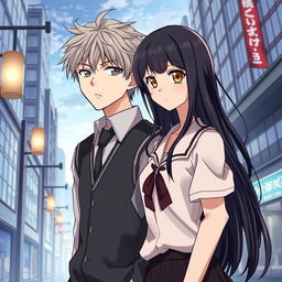 Create an anime highschool romance book cover featuring a boy with messy hair, a solemn look, and wearing a modest highschool uniform