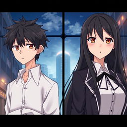 Create an anime highschool romance book cover featuring a boy with messy hair, a solemn look, and wearing a modest highschool uniform