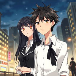 Create an anime highschool romance book cover featuring a boy with messy hair, a solemn look, and wearing a modest highschool uniform