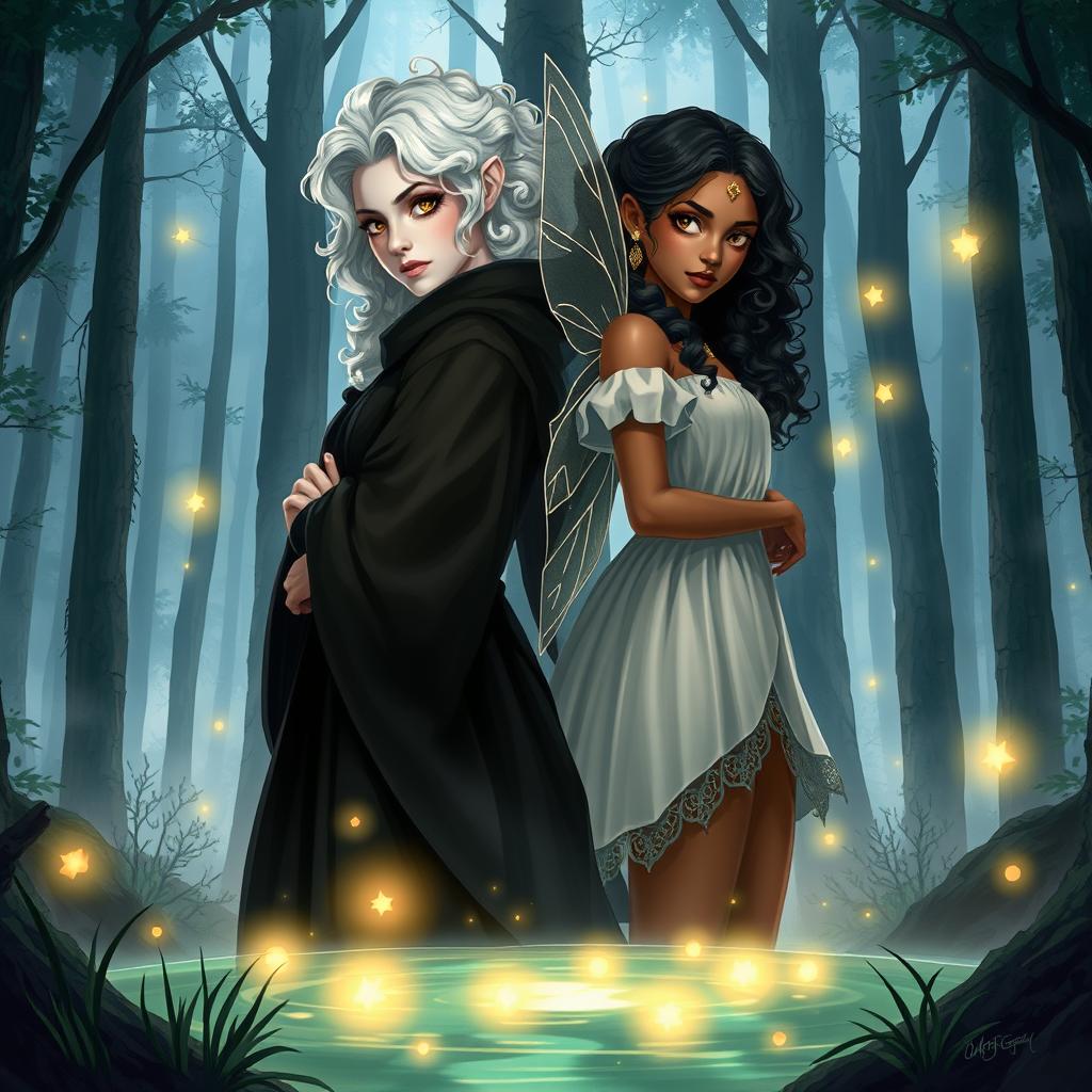 The book cover shows two women standing back to back in a mystical forest