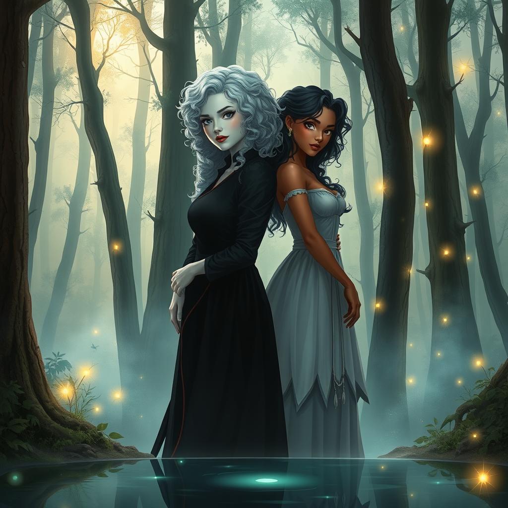 The book cover shows two women standing back to back in a mystical forest