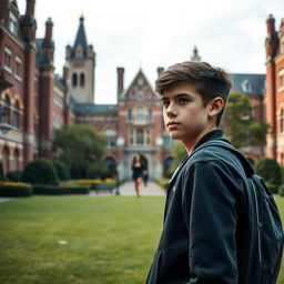 Create an image of a determined highschool boy standing in the foreground of an elite school, with towering buildings and manicured lawns