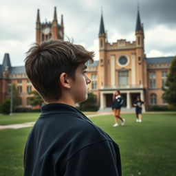 Create an image of a determined highschool boy standing in the foreground of an elite school, with towering buildings and manicured lawns