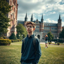 Create an image of a determined highschool boy standing in the foreground of an elite school, with towering buildings and manicured lawns