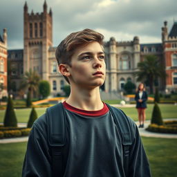 Create an image of a determined highschool boy standing in the foreground of an elite school, with towering buildings and manicured lawns