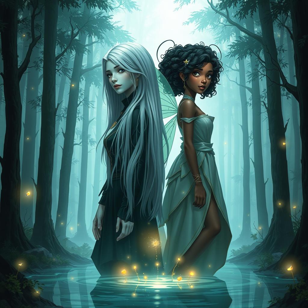 The book cover shows two women standing back to back in a mystical forest