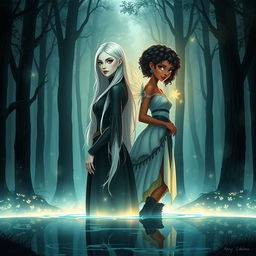 The book cover shows two women standing back to back in a mystical forest