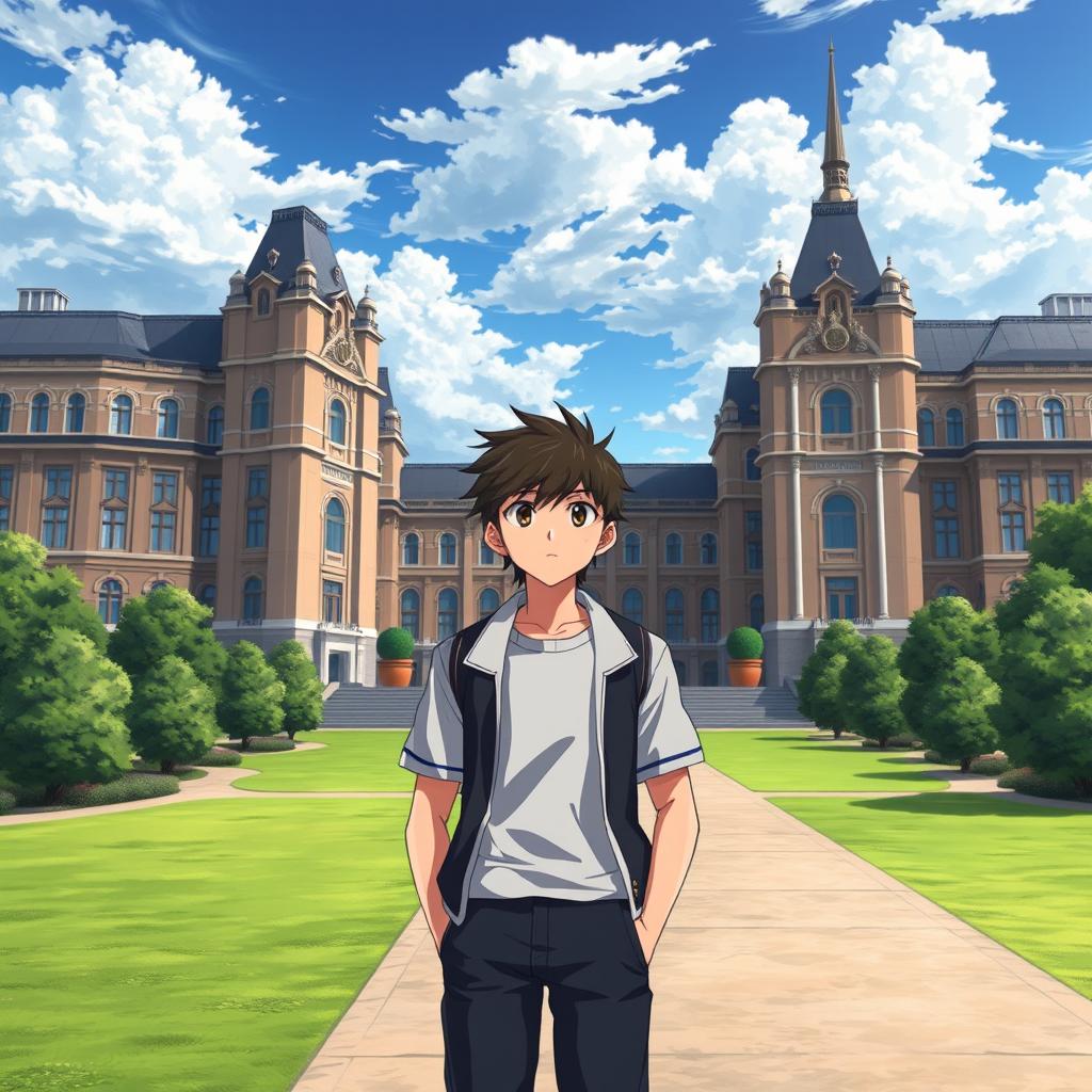 In high-quality anime style, depict a determined highschool boy standing in the foreground of an elite school, with towering buildings and manicured lawns