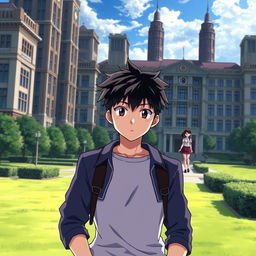 In high-quality anime style, depict a determined highschool boy standing in the foreground of an elite school, with towering buildings and manicured lawns