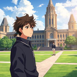 In high-quality anime style, depict a determined highschool boy standing in the foreground of an elite school, with towering buildings and manicured lawns