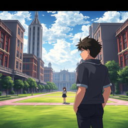 In high-quality anime style, depict a determined highschool boy standing in the foreground of an elite school, with towering buildings and manicured lawns