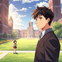 In high quality anime style, depict a determined highschool man wearing a modest uniform standing in the foreground of an elite school, with towering buildings and manicured lawns