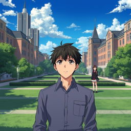 In high quality anime style, depict a determined highschool man wearing a modest uniform standing in the foreground of an elite school, with towering buildings and manicured lawns