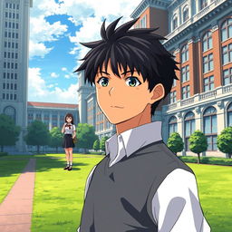 In high quality anime style, depict a determined highschool man wearing a modest uniform standing in the foreground of an elite school, with towering buildings and manicured lawns