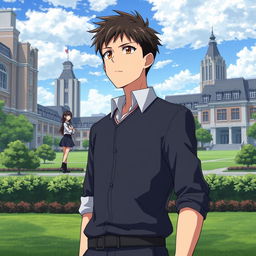 In high quality anime style, depict a determined highschool man wearing a modest uniform standing in the foreground of an elite school, with towering buildings and manicured lawns