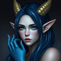 A half-elf female with draconian scales on her cheeks and hands, feathery scaled ears poking out the sides of her dark blue hair with white streaks