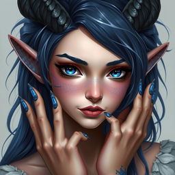 A half-elf female with draconian scales on her cheeks and hands, feathery scaled ears poking out the sides of her dark blue hair with white streaks