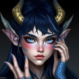 A half-elf female with draconian scales on her cheeks and hands, feathery scaled ears poking out the sides of her dark blue hair with white streaks