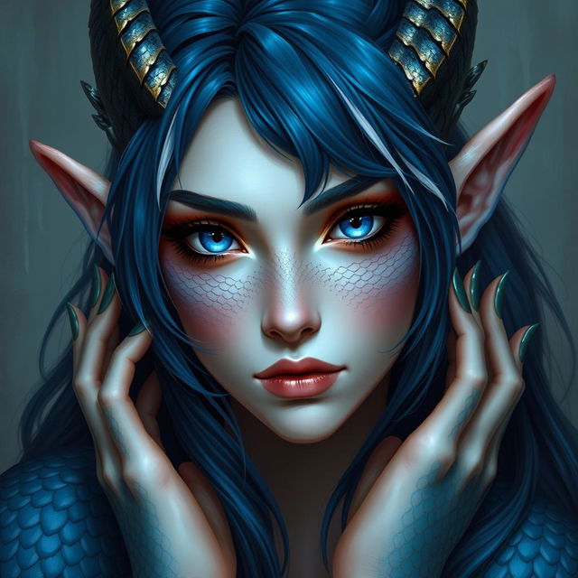 A half-elf female with draconian scales on her cheeks and hands, feathery scaled ears poking out the sides of her dark blue hair with white streaks