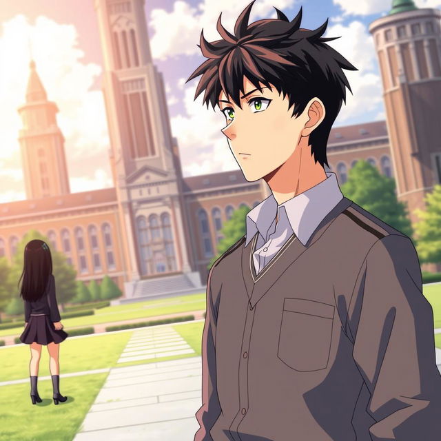 In high-quality anime style, depict a determined highschool man wearing a modest uniform with messy black hair standing in the foreground of an elite school