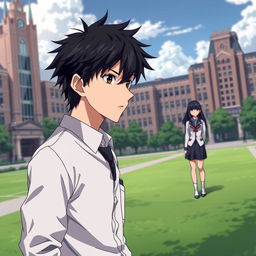 In high-quality anime style, depict a determined highschool man wearing a modest uniform with messy black hair standing in the foreground of an elite school