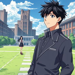 In high-quality anime style, depict a determined highschool man wearing a modest uniform with messy black hair standing in the foreground of an elite school